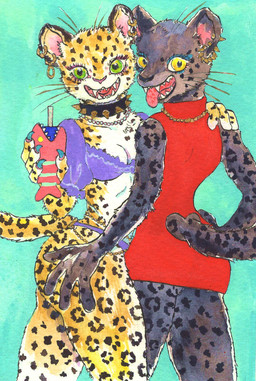 alternative_fashion anthro beverage bikini breasts butt clothed clothing collar dress duo ear_piercing ear_ring female fur green_eyes jewelry looking_at_viewer necklace open_mouth piercing ring_piercing simple_background spiked_collar spikes spots swimwear teeth tongue tongue_out two-piece_swimsuit whiskers yellow_eyes kyokyota felid feline leopard mammal pantherine 2021 hi_res traditional_media_(artwork)