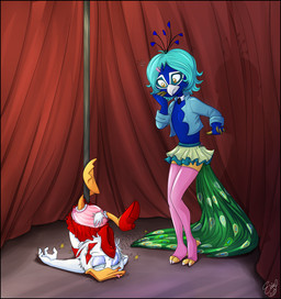 anthro beak black_border blue_hair border bottomwear clothed clothing crossdressing dancing digitigrade duo feathers feet footwear hair high_heels legwear pole pole_dancing shoes skirt standing tail tail_under_skirt talons thigh_highs toes topwear upskirt vest yellow_eyes cakenoodlepaddy danny_(vampiresacrifice) huey_duck anatid anseriform avian bird duck galliform peafowl phasianid 2014