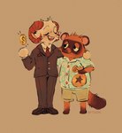 2020 animal_crossing anthro bag bottomwear bovid bovid_horn brown_body brown_fur brown_theme businesswear button_(fastener) canid canine caprine caprine_horn clothed clothing coin crossover duo eyes_closed feet footwear fur hand_on_shoulder hi_res holding_bag horn jacket male mammal markings necktie nintendo open_mouth open_smile pants paws raccoon_dog ram_horn rammie_(jschlatt) riftskeen schlattcoin sheep shirt shoes shorts simple_background smile smplive suit tail tan_background tanuki tom_nook_(animal_crossing) topwear white_body white_fur