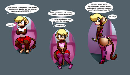 accessory adolescent anthro barefoot big_butt blonde_hair bottomwear bra brown_body brown_fur butt clothed clothing crossdressing dialogue duo feet femboy feminization footwear fur furgonomics garter_straps grey_eyes hair high_heels hotpants huge_butt jewelry legwear lingerie lipstick makeup male offscreen_character ring shirt shoes shorts stockings t-shirt tail tail_accessory tail_around_leg tail_jewelry tail_ring text thigh_highs topwear underwear wide_hips young norithics tommy_(tedizgrunt) haplorhine mammal monkey primate english_text hi_res brother_(lore) brother_and_sister_(lore) sibling_(lore) sister_(lore)