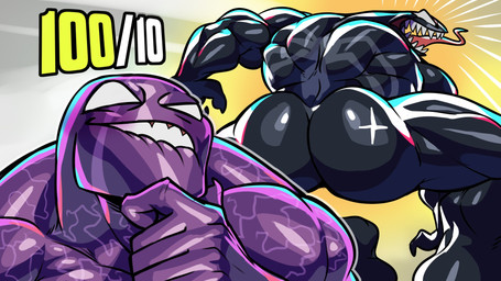 barazoku big_butt big_muscles bite biting_lip biting_own_lip black_body bubble_butt butt duo emblem empty_eyes long_tongue male muscular muscular_humanoid muscular_male open_mouth purple_body self_bite sharp_teeth teeth tongue tongue_out dirtymache marvel marvel_rivals el_benon venom_(marvel) alien alien_humanoid humanoid symbiote 16:9 hi_res widescreen