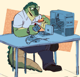 anthro big_tail bottomwear clock clothing computer countershade_torso countershading crossed_legs electronics eyewear fan_(object) footwear furniture glasses male motherboard multimeter pants screwdriver shirt shoes solo table tail tail_spines teeth tools topwear watch wristwatch bennycartoonist alligator alligatorid crocodilian reptile scalie absurd_res hi_res