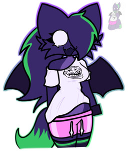 anthro bat_wings black_body black_fur bottomwear breasts clothed clothing electronics fangs female fur green_body green_fur hair hair_over_eye highlights_(coloring) makeup membrane_(anatomy) membranous_wings phone pink_bottomwear pink_clothing pink_shorts shirt shorts solo teeth topwear trollface white_clothing white_eyes white_shirt white_topwear wings h1kurs pursuitcore dante_(pursuitcore) domestic_cat felid feline felis mammal 2026 colored hi_res meme