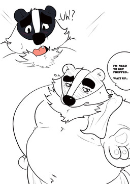 anthro belly big_belly black_body black_fur black_nose blush dialogue fur male moobs nipples open_mouth overweight overweight_male solo text towel towel_on_shoulder white_body white_fur rinhatsuyuki beastly_crimes beastly_crimes_(2024) chief_badger badger mammal mustelid musteline 2026 absurd_res english_text hi_res