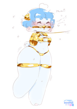 anthro arms_tied ball_gag blue_hair blush blushing_profusely bound bra breasts cleavage clothed clothing eyes_closed female female_anthro fetish_gear gag hair horn leash leash_pull legs_tied navel simple_background solo tail tail_motion tailwag thick_thighs underwear white_background scorci golden_week chelsi bovid caprine mammal sheep 2025 absurd_res hi_res