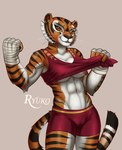 abs anthro areola arm_tuft black_nose bottomwear breasts clothing clothing_pull crop_top elbow_tuft female fur glistening grey_whiskers hand_wraps inner_ear_fluff looking_at_viewer midriff muscular nipples orange_body orange_fur shirt shorts solo striped_body striped_fur stripes text topwear tuft under_boob whiskers white_body white_fur white_whiskers wraps yellow_sclera ryukosan_art dreamworks kung_fu_panda master_tigress felid mammal pantherine tiger 2023 artist_name hi_res portrait three-quarter_portrait
