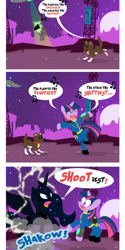 ambiguous_gender clothing cutie_mark dialogue digitigrade feathered_wings feathers female feral fur hair horn multicolored_hair purple_body purple_fur purple_hair quadruped size_difference tail text two_tone_hair ufo wings pixelkitties fallout friendship_is_magic hasbro microsoft my_little_pony mythology princess_luna_(mlp) twilight_sparkle_(mlp) winona_(mlp) bovid bovine canid canine canis cattle domestic_dog equid equine mammal mythological_creature mythological_equine unicorn winged_unicorn absurd_res comic crossover english_text hi_res long_image tall_image url