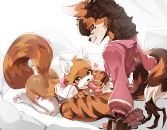 ambiguous_gender anthro black_stripes clothing duo eye_contact female fur genitals happy heart_symbol knot knotted_penis legwear looking_at_another male male/female oral oral_penetration orange_body orange_fur pawpads penetration penis stripes thigh_highs white_body white_fur auehsi asaku_coon ailurid hybrid hyena mammal red_panda hi_res