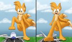 2_tails aircraft airfield airplane anthro blue_eyes claws destruction fangs foot_crush fur macro male multi_tail orange_body orange_fur runway solo tail tan_body tan_fur teeth vehicle foxkai sega sonic_the_hedgehog_(series) miles_prower canid canine fox mammal absurd_res hi_res