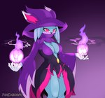 anthro big_breasts breasts cleavage clothed clothing elemental_manipulation female fire fire_manipulation magic_user open_clothing raised_arms solo witch pandazar palworld pocketpair canid canine felid feline katress mammal pal_(species)
