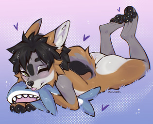anthro blep blush butt cheek_tuft dark_hair facial_tuft female fur green_eyes grey_body grey_fur hair heart_symbol lying one_eye_closed pawpads paws red_body solo tail tongue tongue_out tuft white_body white_fur alivion ikea blahaj sierra_(sierra-owo) canid canine fox grey_fox mammal urocyon digital_media_(artwork) hi_res