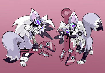3_toes anthro breasts butt feet female looking_at_viewer nude one_eye_closed paws pose solo toes tools wink wrench innerkero keroberry1 canid canine fox mammal red_fox silver_fox true_fox character_request hi_res