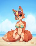 anthro beach big_breasts bikini blonde_hair blue_eyes breasts cleavage clothed clothing eyewear female fur hair kneeling navel orange_body orange_fur solo sunglasses swimwear tail two-piece_swimsuit asimos animal_crossing nintendo audie_(animal_crossing) asterozoan canid canine canis echinoderm mammal marine starfish wolf 2024 4:5 digital_media_(artwork) hi_res