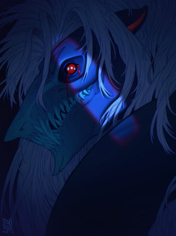 ambiguous_form ambiguous_gender blue_body blue_ears ears_back hair looking_at_viewer orange_pupils pivoted_ears pupils red_eyes red_sclera sharp_teeth solo teeth white_eyes white_hair riorix mythology dragon mythological_creature mythological_scalie scalie 2024 dated hi_res