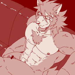 abs anthro barely_visible_genitalia barely_visible_penis censor_bar chest_tuft erection eyewear furniture genitals glans glasses hair humanoid_genitalia humanoid_penis long_hair male mature_anthro mature_male muscular muscular_anthro muscular_male nude on_sofa pecs penis sitting sofa solo tail tuft run_aki morenatsu mitsuhisa_aotsuki canid canine canis domestic_dog husky mammal nordic_sled_dog spitz 2026 censored low_res red_theme