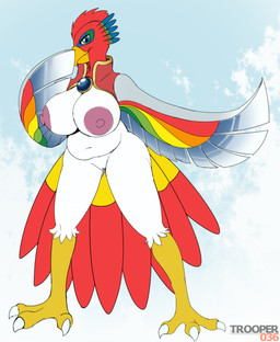 anthro beak belly big_breasts big_nipples blade_wings blue_eyes bottomless bottomless_female breasts claws clothed clothing cloud cloudy_sky coif curvy_figure feathered_crest feathers feet female genitals head_crest huge_breasts jewelry looking_at_viewer mostly_nude multicolored_body multicolored_feathers navel nipples non-mammal_breasts non-mammal_nipples overweight overweight_anthro overweight_female pendant rainbow_body rainbow_feathers red_body red_feathers simple_background sky slight_smile slightly_chubby solo spread_wings standing tail tail_fan tail_feathers talons thick_thighs toe_claws toes topwear topwear_only voluptuous voluptuous_female vulva white_body white_feathers wide_hips wings yellow_beak trooper036 kirby_(series) kirby_super_star nintendo dyna_blade avian bird dyna_blade_(species) 2019 absurd_res digital_drawing_(artwork) digital_media_(artwork) flat_colors full-length_portrait hi_res portrait signature