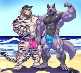 anthro armpit_hair barazoku baseball_cap beach beard biceps big_muscles black_body black_countershading black_fur black_pawpads black_stripes blue_clothing blue_hair blue_sky blue_speedo blue_swimwear body_hair brown_facial_hair bulge chain_necklace chest_tattoo claws clothing countershade_torso countershading deltoids duo ear_piercing ear_ring facial_hair finger_claws flexing flexing_bicep fluffy fluffy_tail forearm_muscles fur furgonomic_hat furgonomic_headwear furgonomics genitals green_sclera hair hairy_legs hand_on_another's_hip hand_on_hip hat headgear headwear huge_muscles jewelry male male/male markings multicolored_hair muscular muscular_anthro muscular_calves muscular_male muscular_thighs navel necklace obliques outside pawpads pecs penis penis_base piercing pink_clothing pink_hair pink_paws pink_speedo pink_swimwear pubes purple_baseball_cap purple_body purple_clothing purple_fur purple_hat purple_headwear quads ring_piercing sand sea sky speedo speedo_down standing striped_body striped_fur striped_markings striped_tail stripes swimwear tail tail_markings tattoo trapezius triceps two_tone_hair underpaw vein veiny_muscles water wave white_body white_fur yellow_sclera nightterror darsus_(tiger_muscle) djing_(ciriousmuscle) canid canine canis felid mammal pantherine tiger wolf 2024 dated hi_res signature