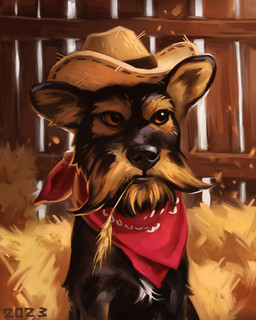ambiguous_gender barn black_body black_fur black_nose clothing cowboy cowboy_hat feral fur hat hay hay_bale headgear headwear markings object_in_mouth orange_eyes quadruped solo tan_body tan_fur wall_(structure) wheat wheat_in_mouth white_markings wood wood_wall alexpahomov canid canine canis domestic_dog mammal 2023 4:5 digital_media_(artwork) digital_painting_(artwork) hi_res painting_(artwork)