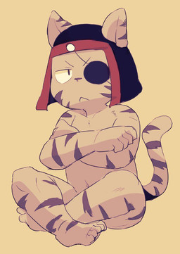 5_toes annoyed anthro bent_legs black_headdress crossed_arms crossed_legs crosslegged_pose eye_patch eyewear feet half-closed_eyes male mostly_nude_anthro mostly_nude_male narrowed_eyes navel pouting serious simple_background solo tail toes young young_anthro young_male masshiro bemani konami pop'n_music kagetora_(pop'n_music) felid mammal pantherine tiger 2017 japanese_description