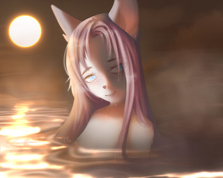 anthro blue_eyes eyebrows eyelashes female freckled_face freckles fur glistening glistening_lips hair lips long_hair nude pink_hair solo sun water white_body white_fur kodda felid feline mammal 2023 5:4 bust_portrait digital_media_(artwork) digital_painting_(artwork) painting_(artwork) portrait shaded