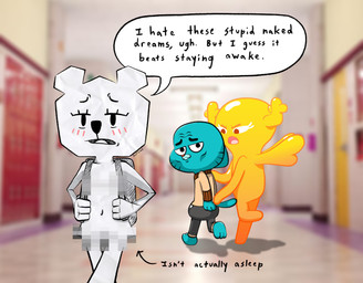 angry anthro antlers backpack backpack_only black_eyes black_nose blue_body blue_fur blush blush_lines censored_genitalia censored_vulva clothing eyebrows eyelashes feet female fur group horn looking_back male markings navel nude open_mouth orange_body paper pink_nose school school_hallway speech_bubble sweater text tired tongue toony topwear trio whisker_markings white_body wings young half_dime cartoon_network distracted_boyfriend the_amazing_world_of_gumball gumball_watterson penny_fitzgerald teri_(tawog) animate_inanimate bear domestic_cat fairy felid feline felis hybrid mammal paper_creature absurd_res censored english_text hi_res meme mosaic_censorship