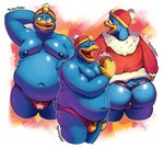 absurd_res anthro avian belly belly_rolls big_butt bird blue_body blush butt chubby_cheeks clothed clothing darkened_nipples eating eating_food embarrassed glistening glistening_body hi_res king_dedede kirby_(series) looking_at_viewer male navel nintendo nipples obese overweight overweight_anthro overweight_male partially_clothed penguin presenting presenting_hindquarters robe sketch_page snowdoeer solo tail thong underwear