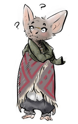anthro barefoot biped clothed clothing eyewear feet glasses male question_mark scarf shawl simple_background solo standing white_background nobby_(artist) bat mammal microbat 2018