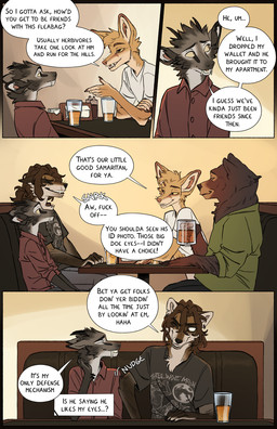 alcohol anthro beer beer_mug beverage biped black_nose booth_seating brown_body brown_eyes brown_fur canine_teeth cheek_tuft clothed clothed_anthro clothing container cup dialogue facial_tuft fur furniture glass glass_container glass_cup grey_body grey_fur group head_tuft inner_monologue male pink_nose pointy_ears prick_ears profanity sitting snout speech_bubble table tan_body tan_fur text text_box thinking tuft tusks yellow_body yellow_fur yellow_sclera falco_works indy_(justroadkill) pen_(falco_works) bear canid canine canis cervine coyote deer mammal tufted_deer 2025 comic digital_media_(artwork) english_text hi_res