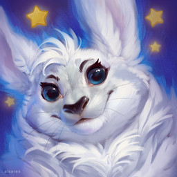 black_nose blue_background blue_eyes eyebrows eyelashes female feral fur head_tilt looking_at_viewer neck_tuft simple_background smile solo star text tuft whiskers white_body white_fur alsares hare lagomorph leporid mammal 1:1 2020 artist_name digital_media_(artwork) digital_painting_(artwork) english_text headshot_portrait icon painting_(artwork) portrait