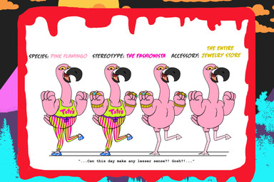 1980s_theme accessory_only airhead anthro beak big_beak bimbo_(fashion) blood blue_clothing blue_footwear blue_shoes bodily_fluids bottomwear bracelet brainless bright_colors casual_nudity cheek_tuft chest_tuft clothing facial_tuft feather_hands feathers female footwear gem horror_(theme) humor jewelry no_genitals nude pants pattern_bottomwear pattern_clothing pattern_pants pink_body quote raised_leg ribbon_belt shirt shoes solo striped_bottomwear striped_clothing striped_pants stripes t-shirt_design tail tall tank_top text topwear tuft yellow_eyes alystairphantem the_party_animals nikki_fleming_(the_party_animals) avian bird flamingo 3:2 absurd_res english_text hi_res model_sheet
