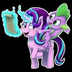 anthro duo female feral horn magic magic_user male riding scroll turkojar friendship_is_magic hasbro my_little_pony mythology spike_(mlp) starlight_glimmer_(mlp) dragon equid equine horse mammal mythological_creature mythological_equine mythological_scalie pony scalie unicorn alpha_channel hi_res