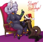 anthro bell_choker big_breasts bodily_fluids breasts brown_body brown_fur chair christmas_clothing christmas_headwear clothing cloven_hooves duo erection fake_antlers fake_horns foreskin fur furniture genital_fluids genitals glans gynomorph gynomorph/male gynomorph_penetrating gynomorph_penetrating_male hair hair_over_eyes hat hat_only headgear headgear_only headwear headwear_only holidays hooves humanoid_genitalia humanoid_penis intersex intersex/male intersex_penetrating intersex_penetrating_male jingle_bell_wristband larger_gynomorph larger_intersex male male_penetrated masturbation mistletoe mostly_nude nude on_chair penetration penile penile_masturbation penis plant precum santa_hat sex sitting sitting_on_chair size_difference slightly_chubby slightly_chubby_anthro slightly_chubby_gynomorph slightly_chubby_intersex smaller_male smaller_penetrated smile tail white_hair wool_hair artbyyellowdog christmas happy_holidays brocade_(character) bovid caprine domestic_sheep gulonine mammal marten mustelid musteline pine_marten sheep absurd_res hi_res