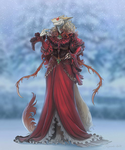 anthro biped claws clothing detailed_clothing dress eyewear female female_anthro finger_claws fluffy fluffy_tail fur glasses hand_on_hip hand_on_own_hip multicolored_body multicolored_fur red_clothing red_dress red_eyewear red_glasses ring round_glasses smile snow solo tail tan_body tan_fur tentacles toe_claws two_tone_body two_tone_fur white_body white_fur creepy_gun sergal 2026 digital_media_(artwork) hi_res