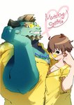 anthro brown_hair duo eyewear hair male male/male matching_clothing pecs_touching size_difference sunglasses youmoxto lifewonders mythology tokyo_afterschool_summoners cipactli_(tas) protagonist_(tas) twink_protagonist_(tas) dragon human mammal mythological_creature mythological_scalie scalie