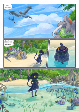 ambiguous_gender anthro beach biped black_body black_fur black_tail clothed clothing cloud day dialogue dialogue_box feral flower fur grey_body hat headgear headwear outside plant proboscis_(anatomy) riding sea speech_bubble tail text trunk_(anatomy) water bjekkergauken mythology imbali_(bjekkergauken) isilo_(bjekkergauken) aquatic avian elephant elephantid fish gryphon humanoid mammal mythological_avian mythological_creature proboscidean unknown_species 2026 colored comic english_text hi_res