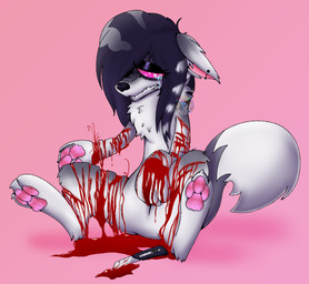 black_hair black_nose blood blood_on_arm blood_on_hand blood_on_leg blood_puddle bodily_fluids box_cutter crying ear_piercing facial_piercing female feral fur gore grey_body grey_fur hair knife lip_piercing pawpads piercing pink_background pink_pawpads scene_haircut self-harm simple_background solo tears white_body white_fur mayhemtown wolfie_(kibbles) canid canine canis mammal wolf absurd_res hi_res