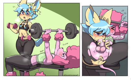 alternate_color anal anal_fingering anthro athletic_wear balls bench_press blush bodily_fluids bottomwear bulge clothing duo exercise fellatio femboy fingering fingering_partner genitals hair heart_symbol josou_seme leggings legwear male male/male musk oral pants penile penis pink_hair reverse_rusty_trombone sex sexercise sweat tight_clothing torn_clothing weightlifting weights workout workout_clothing yoga_pants stylusknight nintendo pokemon esbern fan_character shooty_(shootysylveon) canid canine canis domestic_dog eeveelution generation_6_pokemon mammal pokemon_(species) poodle sylveon absurd_res hi_res