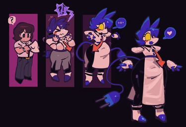 accessory ambiguous_gender anthro apron belt black_background black_legs blue_ears blue_feet blue_fingers blue_hair blue_tail blush bodily_fluids bottomwear cable_tail chibi clothing collared_shirt ellipsis exclamation_point eyelashes feet grey_bottomwear grey_clothing grey_pants hair happy heart_symbol mask_transformation metallic_body navel_outline necktie no_pupils orange_necktie pants pointy_shoes question_mark shirt short_hair simple_background small_waist solo speech_bubble squiggle_mouth sweat sweatdrop tail tapering_snout three-quarter_view topwear transformation transformation_sequence waitress_uniform white_apron white_clothing white_face white_shirt white_topwear wide_hips yellow_eyes serafphim deltarune undertale_(series) josh_(serafphim) tasque_manager human mammal robot_anthro cel_shading hi_res shaded male_(lore)