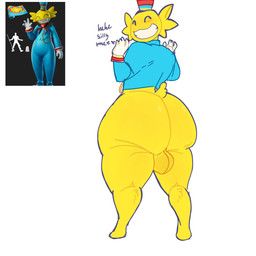 4_fingers backsack balls big_butt blue_clothing blue_hat blue_headwear blue_shirt blue_topwear bottomless bottomless_humanoid bottomless_male butt clothed clothing eyes_closed fingers genital_raphe genitals gloves handwear hat headgear headwear male not_furry raphe_(anatomy) rear_view scrotal_raphe shirt simple_background small_tail smile solo tail thick_thighs topwear white_background white_clothing white_gloves white_handwear yellow_body yellow_skin lopsalien epic_games fortnite wonkee_(fortnite) humanoid 2025 digital_drawing_(artwork) digital_media_(artwork) english_description hi_res reference_image