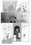 anthro beard clothing dialogue eyewear facial_hair female fur glasses inside male simple_background text white_background white_body white_fur yoona undertale undertale_(series) asgore_dreemurr toriel boss_monster_(undertale) bovid caprine mammal comic english_text greyscale hi_res monochrome