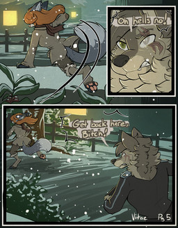 anthro clothed clothing dialogue duo escape facial_scar female fur hair male profanity scar snow snowing text howlart terra_cruxis aleks_(howlart) crissi_(howlart) vitae_(howlart) canid canine canis mammal comic digital_media_(artwork) english_text hi_res