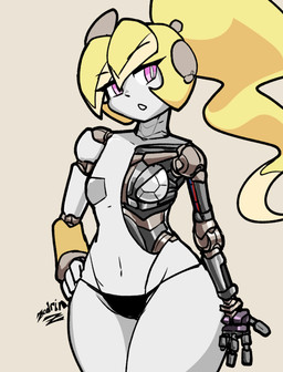 blonde_hair breasts clothed clothing female hair machine panties ponytail robotic_arm simple_background small_breasts solo topless underwear zedrin pivot_(zedrin) humanoid robot robot_humanoid hi_res