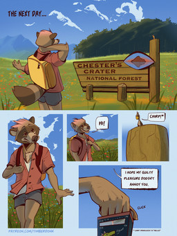 anthro backpack beak bottomwear clothed clothing dialogue electronics feathers fingers forest forest_background fur greeting holding_object male nature nature_background open_mouth outside plant radio shirt shorts sign smile speech_bubble standing tail teeth text topwear tree timberdonk rhys_(timberdonk) avian bird mammal procyonid raccoon 3:4 comic digital_media_(artwork) english_text hi_res url