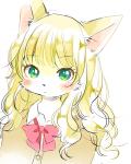 anthro blonde_hair blush clothed clothing female fur green_eyes hair kemono long_hair looking_at_viewer red_ribbon simple_background solo white_background yellow_body yellow_fur minek015 domestic_cat felid feline felis mammal 2019 sketch