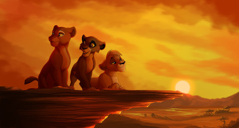 brown_body brown_fur detailed_background female feral fur group lying male orange_body orange_fur paws rock sitting sky smile sun kitchiki felid lion mammal pantherine orange_theme warm_colors