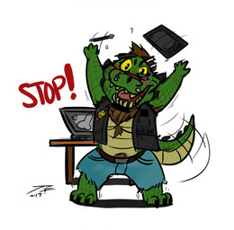 anthro barbell_piercing black_clothing black_topwear black_vest blue_bottomwear blue_clothing blue_pants bottomwear circular_barbell_piercing clothed clothing computer electronics eyebrow_piercing facial_piercing front_view glistening glistening_eyes green_body green_scales laptop lip_piercing lip_ring looking_at_viewer male nose_piercing open_clothing open_mouth open_smile open_topwear open_vest pants piercing pubes ring_piercing scales septum_circular_barbell septum_piercing simple_background smile solo standing topwear vest white_background yellow_body yellow_eyes yellow_scales crazydrak alex_(jrbart) crocodile crocodilian reptile scalie 2019 dated hi_res signature