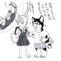 anthro bottomwear claws clothed clothing dress duo feet female fur kemono open_mouth pawpads paws shirt shorts simple_background skirt smile tail tail_motion tailwag text tongue tongue_out topwear young young_anthro kyokyota canid canine canis domestic_dog husky lizard mammal nordic_sled_dog reptile scalie spitz 1:1 2019 absurd_res hi_res japanese_text monochrome translated