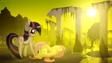 cutie_mark detailed_background duo feathered_wings feathers female feral fur grass green_eyes hair horn marsh moss multicolored_hair outside pink_hair plant purple_body purple_eyes purple_fur purple_hair quadruped rock ruins scenery sun swamp tail tree two_tone_hair water wings wood yellow_body yellow_feathers yellow_fur gign-3208 friendship_is_magic hasbro my_little_pony mythology fluttershy_(mlp) twilight_sparkle_(mlp) equid equine mammal mythological_creature mythological_equine pegasus unicorn 16:9 2012 hi_res shaded widescreen