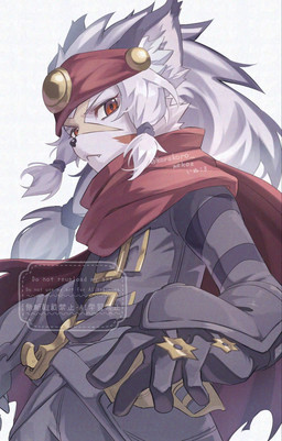 anthro clothing fangs headgear headwear kemono lidded_eyes looking_at_viewer male red_eyes red_scarf scarf simple_background solo teeth weapon white_background korokoro_nekoz cyberconnect2 little_tail_bronx solatorobo beluga_damiens felid feline felineko lynx mammal 2026 hi_res japanese_description portrait three-quarter_portrait