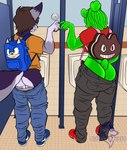 anthro backpack bathroom bottomwear butt clothed clothing crop_top denim denim_bottomwear denim_clothing dreadlocks duo food footwear fur green_body hair hair_bun hand_sign heart_symbol jeans jeans_down looking_away male male/male mascot multicolored_body multicolored_fur pants partially_clothed peeing peeing_together rear_view shirt shoes short_tail smile tail thong topwear underwear urinal conditional_dnp grinn3r cartoon_network sega sonic_the_hedgehog_(series) steven_universe cookie_cat ethan_(grinn3r) sonic_the_hedgehog bear canid canine canis domestic_dog food_creature husky mammal nordic_sled_dog spitz 2023 hi_res meme